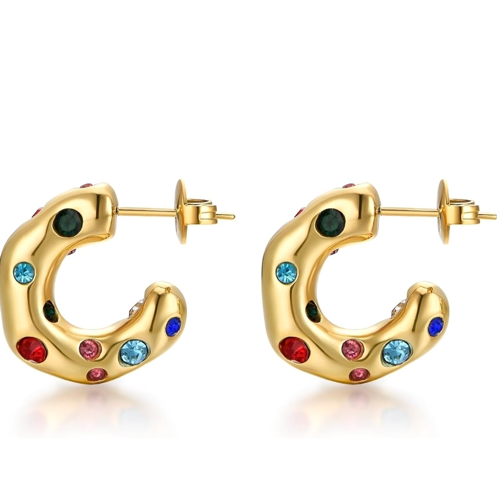 Anthropologie Gold Hoop Earrings with Multicolored Gems